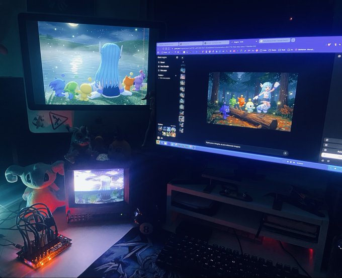 A cozy dual-monitor workspace displays animated character designs on a graphics tablet screen and editing software, where a creator is working on an AI-generated video edit featuring a small white anime-style character (Yuki) in a forest setting. The setup includes a plush toy, illuminated equipment, and a keyboard on a dark desk, reflecting the creative process mentioned in the post about producing AI video content for the $Y2K token on Shillz.