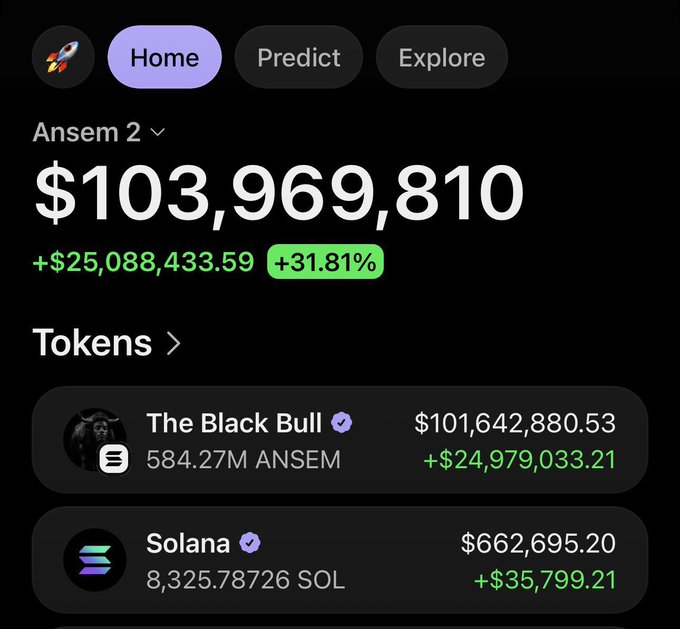 Crypto portfolio app screen showing 'Ansem 2' wallet with a balance of $103,969,810 (+31.81%, +$25,088,433.59), listing holdings in 'The Black Bull' (ANSEM) and 'Solana' (SOL).