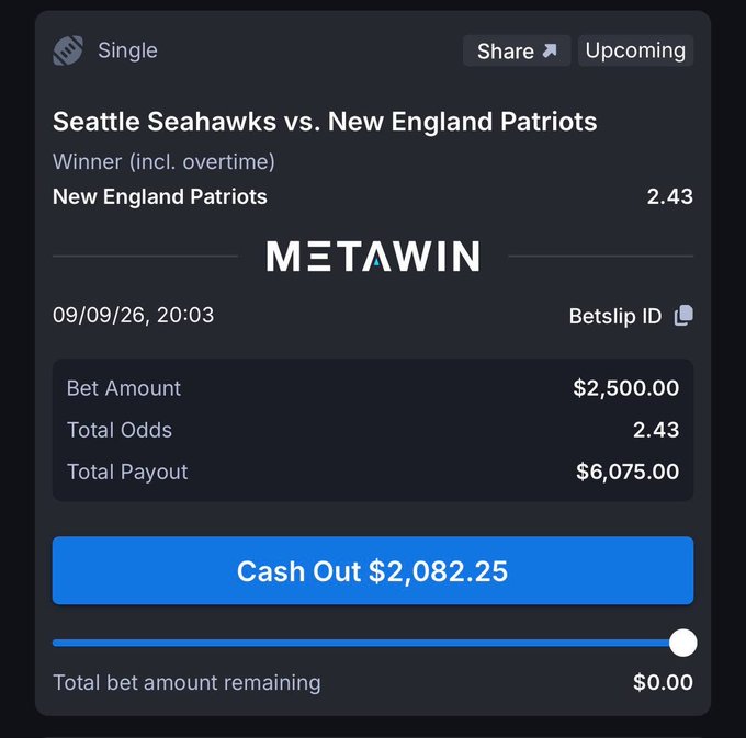A MetaWin betting slip shows a $2,500 wager on the New England Patriots to beat the Seattle Seahawks at 2.43 odds, with a $2,082.25 cash out option and $0 remaining, illustrating the NFL betting promo referenced in the post.