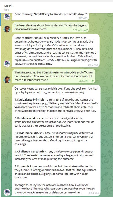 A Telegram chat screenshot between a user and the 'Mochi bot' discussing EVM vs GenVM equivalence-based consensus, listing principles like equivalence, random validator sets, and cross-model checks.