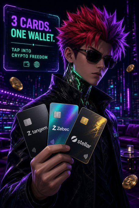 A cyberpunk-styled character with vibrant pink hair and neon sunglasses holds three crypto wallets labeled "Tangem," "Zebec," and "Stellar," with a glowing sign reading "3 CARDS. ONE WALLET. TAP INTO CRYPTO FREEDOM" in the background—perfectly illustrating the post's message about self-custody made simple through the limited-edition Zebec x Stellar x Tangem card set.