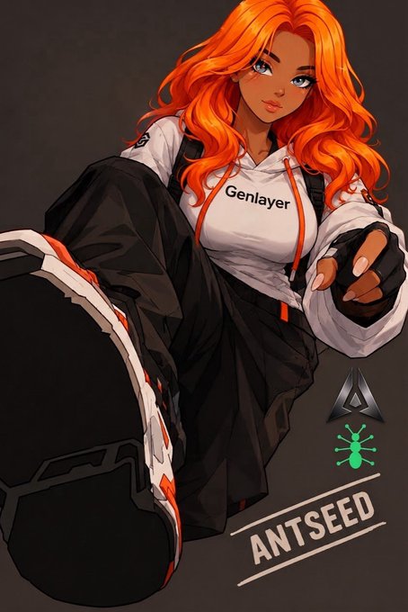 A vibrant anime-style illustration features a fierce red-haired woman in a "Genlayer" hoodie pointing confidently at the viewer, with the "ANTSEED" logo and branding displayed at the bottom, visually representing the partnership between GenLayer and Antseed's decentralized AI inference marketplace.