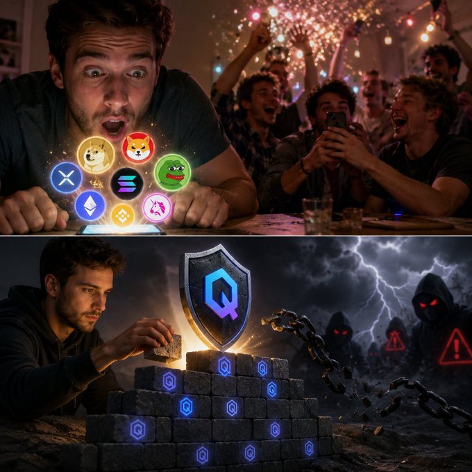 A man in a black hoodie holds a phone displaying a blue shield with the word "Q" and a red "X", surrounded by a group of people at a party, with a fireworks display in the background.