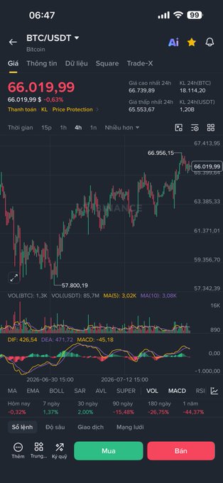 Binance app showing BTC/USDT trading chart at $66,019.99 with a 0.63% gain, displaying price action, MACD indicator, and Buy/Sell buttons.