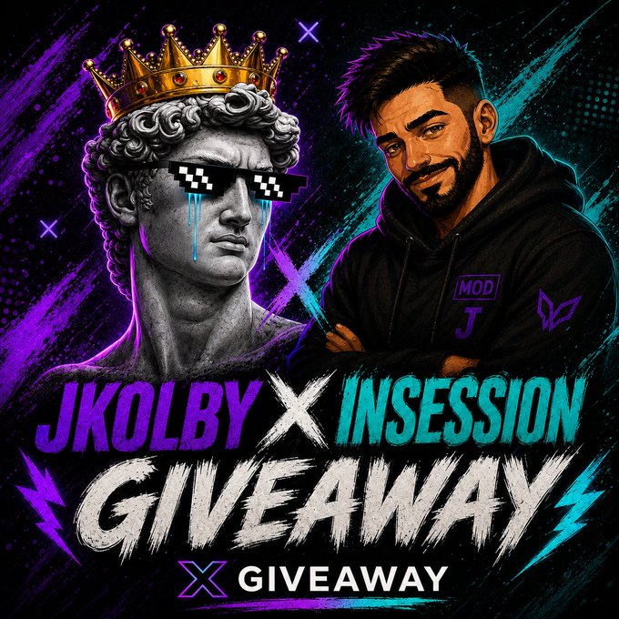 The image is a vibrant promotional graphic featuring a marble statue wearing pixelated "deal with it" sunglasses and a gold crown on the left, alongside a bearded man in a "MOD J" hoodie on the right, announcing a "JKOLBY X INSESSION GIVEAWAY." This directly supports the post's announcement of a 2 SOL giveaway with 8 winners by visually highlighting the collaborating accounts and the giveaway theme.