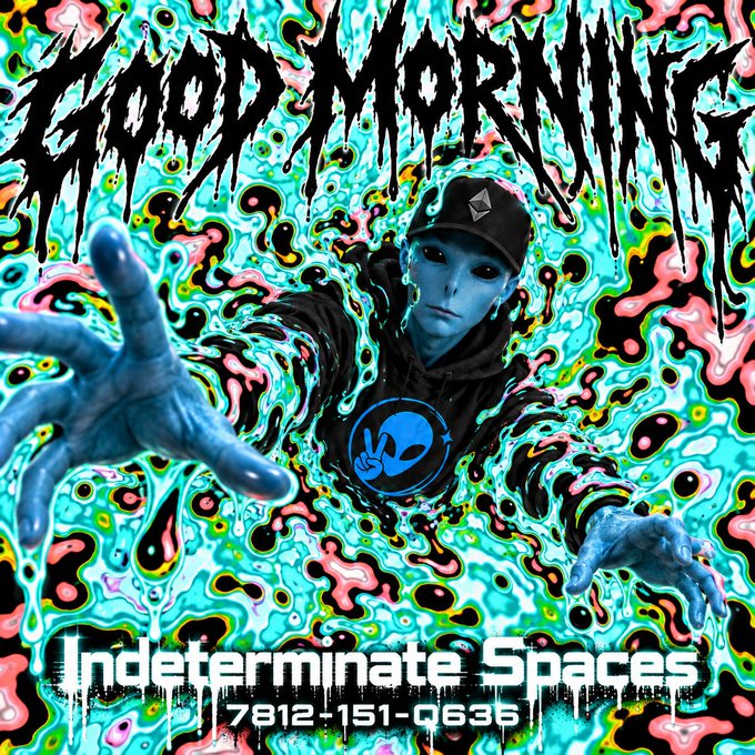 An album cover titled 'Indeterminate Spaces' (catalog number 7812-151-0636) under the band name 'MOD MORNING' features a blue-skinned figure emerging from swirling, psychedelic liquid patterns with outstretched hands.