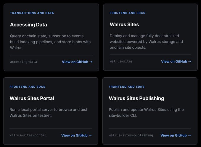 Four dark-themed website cards are displayed, featuring sections labeled 'TRANSACTIONS AND DATA' for 'Accessing Data' and 'FRONTEND AND SDKS' for 'Walrus Sites', 'Walrus Sites Portal', and 'Walrus Sites Publishing', each with descriptions and 'View on GitHub' links.