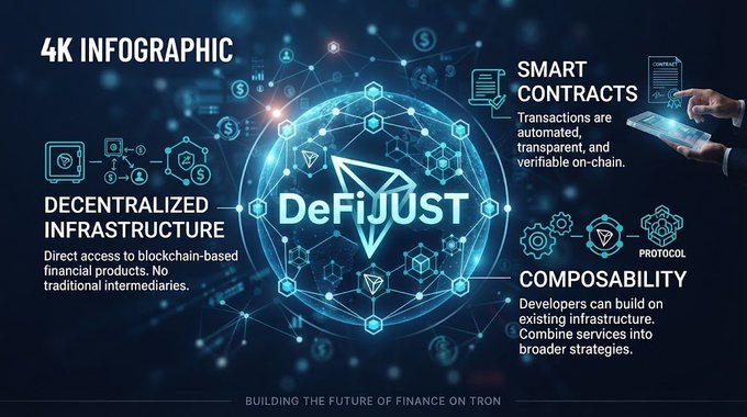 A 4K infographic titled 'DeFi JUST' highlights decentralized finance features on the TRON network, including 'Smart Contracts' (transactions are automated, transparent, and verifiable on-chain), 'Decentralized Infrastructure' (direct access to blockchain-based financial products), and 'Composability' (developers can build on existing infrastructure), with the tagline 'BUILDING THE FUTURE OF FINANCE ON TRON.'