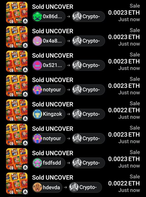 The image shows a series of recent UNCOVER NFT sales on OpenSea, with multiple wallets selling to "Crypto-" for around 0.0023 ETH each, all marked "Just now." This aligns with the post noting that @crypto_czar_eth is sweeping the floor of the UNCOVER collection, buying up cheap NFTs in rapid succession.