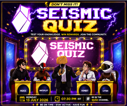A promotional graphic for 'SEISMIC QUIZ' on Seismic Channel, scheduled for Monday 13 July 2026 at 07:30 PM IST, featuring animated characters as quiz contestants.