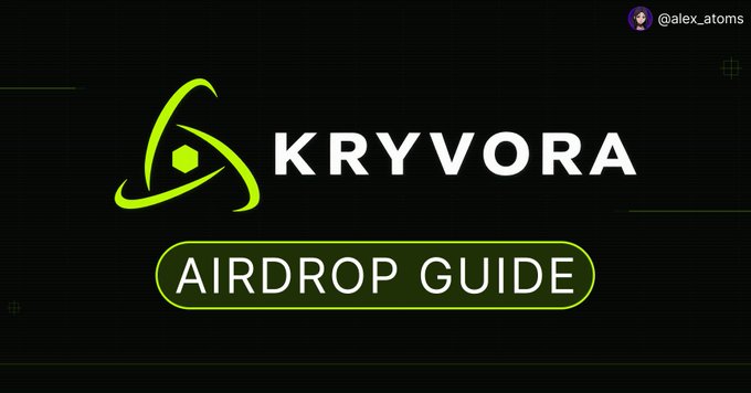 A promotional graphic featuring the 'KRYVORA' logo in green and white text on a black background, with 'AIRDROP GUIDE' displayed in a rounded button below, credited to '@alex_atoms'.