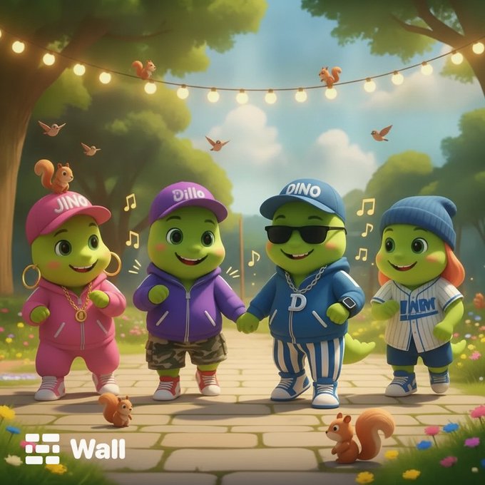 Four cartoon turtle-like characters in colorful streetwear (labeled 'JINO', 'Dillo', 'DINO', and another unnamed) pose together in a park with a squirrel, birds, and string lights overhead, with a 'Wall' logo in the corner.