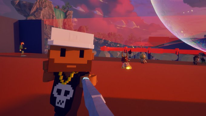 A screenshot from a blocky-style video game (Totally Accurate Battle Simulator) showing a character with a skull shirt on a red terrain with other figures and a planet in the background.