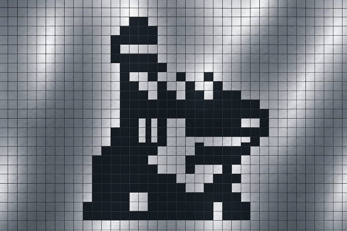 The image is a pixelated black-and-white grid depicting what appears to be a stylized, blocky character or abstract design (possibly resembling a knight or tank). The accompanying text references "onchainsharc" built for @arc, with a 2-day countdown teasing an upcoming mint launch, suggesting the pixel art serves as a teaser or concept art for the NFT/digital collection drop.