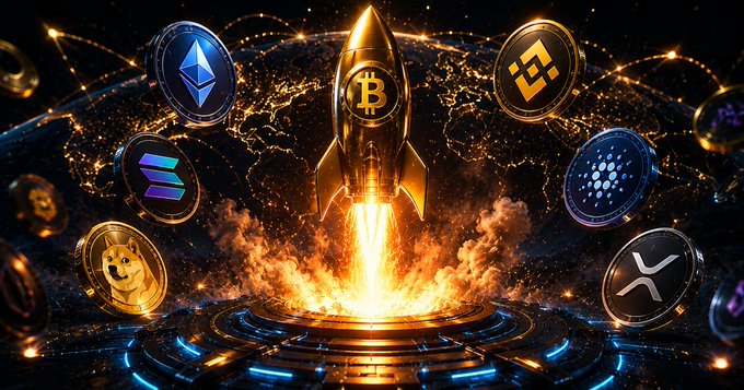 Stylized 3D illustration of a golden Bitcoin rocket launching with flames, surrounded by floating cryptocurrency coin logos including Ethereum, Dogecoin, Solana, and XRP against a world map backdrop.