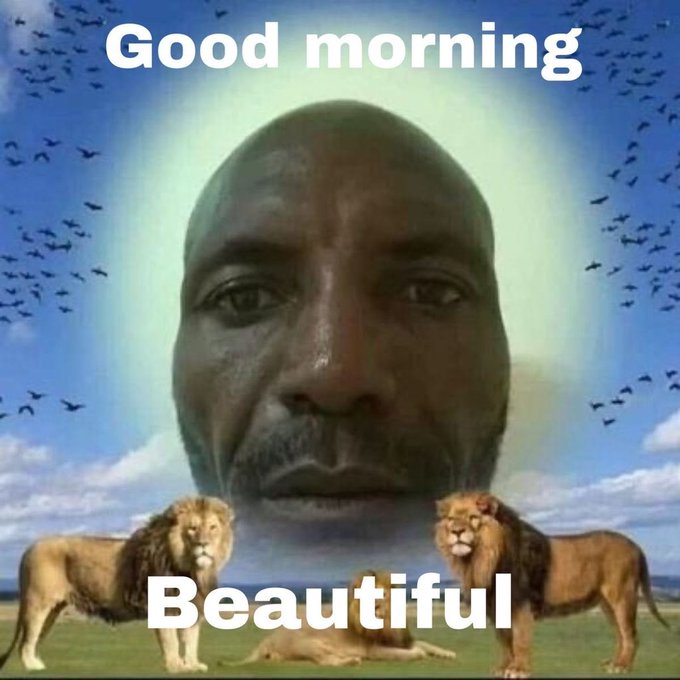 The image displays a large, haloed face of a man against a blue sky with flying birds, with two lions standing on grass below. The text "Good morning" is at the top and "Beautiful" is at the bottom, visually echoing the "gm" (good morning) greeting in the accompanying post.