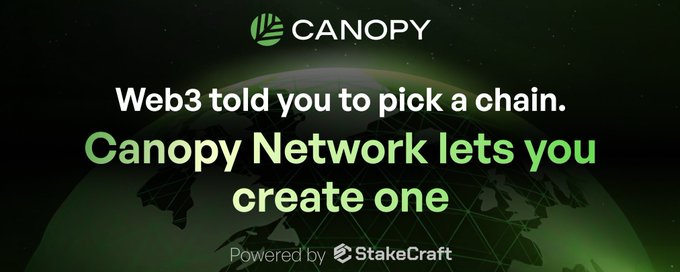 The image features a green globe surrounded by text that reads "Canopy Network" and "Web3 Told You To Pick A Chain. Canopy Network Let's You Create One." The caption below the image explains that the website is powered by stakecraft, which provides an accessible, cost-effective solution for building and scaling blockchains.
