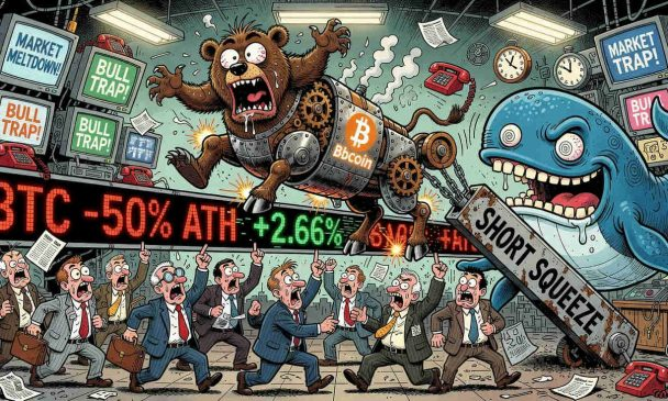 The image features a cartoon scene of people running through an office building, with a bull and a whale as the main characters. The bull appears to be chasing the people down the hallway, while the whale seems to be trying to escape from them by squirting water out of its mouth. In the background, there are stock market signs that include terms like "bull", "bear", and "short squeeze".