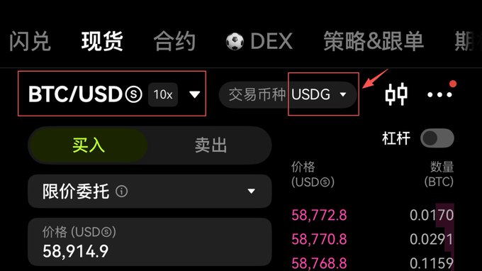 A cryptocurrency trading interface showing a BTC/USD perpetual contract order form on the Spot (现货) tab, with leverage set to 10x, trading currency USDG, and a limit buy (限价委托) price of 58,914.9 USD, with the market price around 58,770 USD—illustrating the trading environment where investors are looking to "buy the dip" as BTC has fallen below the 60k level.