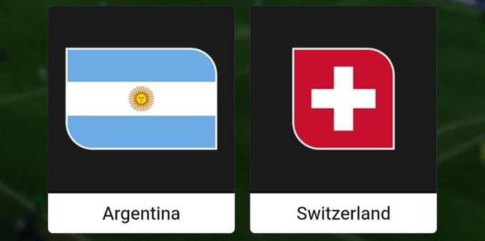 The image shows the flags of Argentina and Switzerland, indicating a matchup between these two countries prompted by the accompanying post offering $500 to five people who correctly predict the match's score within 24 hours.