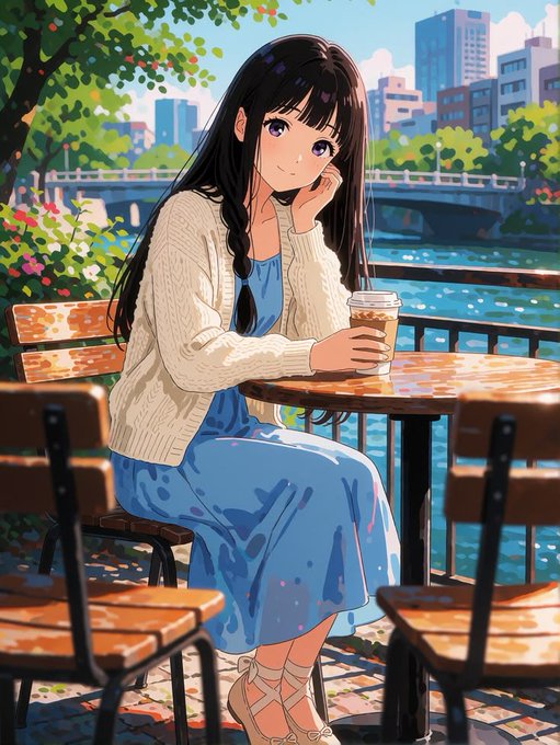 An anime-style illustration of a young woman with long black hair in a braid, wearing a white knit cardigan over a blue dress, sitting at an outdoor café table holding an iced coffee by a river with a city skyline in the background.