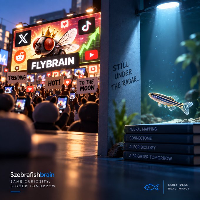 A promotional graphic for '$zebrafishbrain' featuring a fly with a crown labeled 'FLYBRAIN' trending on social media with signs saying 'TRENDING', 'HOT!', and 'TO THE MOON', contrasted with a zebrafish in an aquarium next to books titled 'NEURAL MAPPING', 'CONNECTOME', 'AI FOR BIOLOGY', and 'A BRIGHTER TOMORROW'.