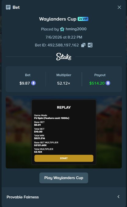 A Stake bet screen showing a Waylanders Cup VIP spin that turned a $9.87 base bet into a $514.20 payout with a 52.12x multiplier, placed by user hming2000 at 8:22 PM on 7/6/2026, matching the massive win celebrated in the post's replay link.