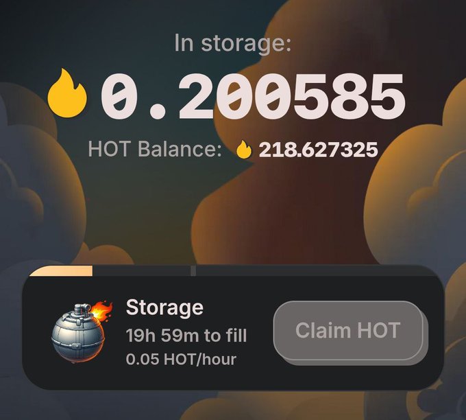 A user's HOT wallet storage screen shows a paltry 0.200585 tokens in storage with a 19h 59m countdown to fill, against a hot balance of 218.627325 HOT — a painfully slow accumulation that perfectly captures the exhaustion in the post's quip about waiting on the airdrop and TGE.