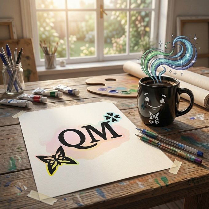 An artist's wooden table displays paintbrushes, tubes of paint, and a black "quip" mug with magical steam rising from it, alongside a drawing of the letters "QM" decorated with butterflies and stars.