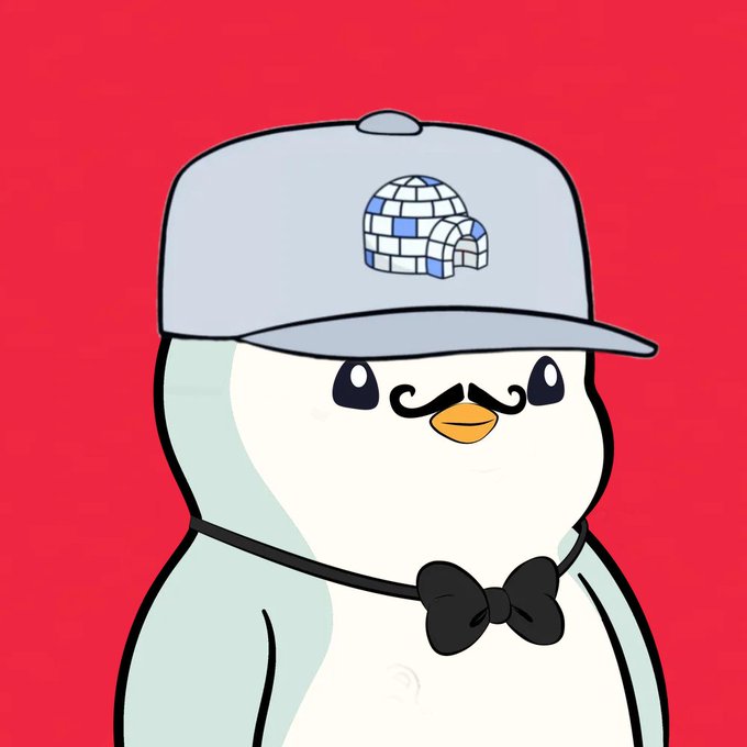 A cartoon penguin wearing a gray baseball cap with an igloo logo, a mustache, and a black bow tie against a red background.