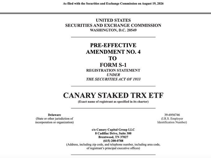 A cover page of a SEC Form S-1 registration statement for the 'CANARY STAKED TRX ETF' filed with the Securities and Exchange Commission on August 19, 2026, listing Canary Capital Group LLC as the registrant in Delaware.
