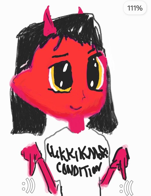 A crudely drawn digital illustration depicts a red-skinned, anime-style character with small horns, large yellow eyes, and black hair, wearing a white shirt labeled "YUKKIKING CONDITION" with "111%" displayed in the top corner. The character represents YukkiKong (Yuki Kimino), a well-known memetic character often paired with the "milady" meme aesthetic in internet culture.