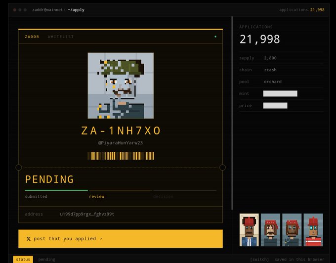 A screenshot of the ZADDR NFT application portal shows a pending review status for user @PiyarahRunYarwz3 with ticket code ZA-1NH7XO, while 21,998 total applications compete for only 2,800 available supply on the zcash orchard pool. The image visually reinforces the post's frustration by displaying the "PENDING" status prominently alongside the application ID u199d7pp9rgx_fghvz99t, highlighting that the user's submission remains stuck at the review stage despite many others being approved.