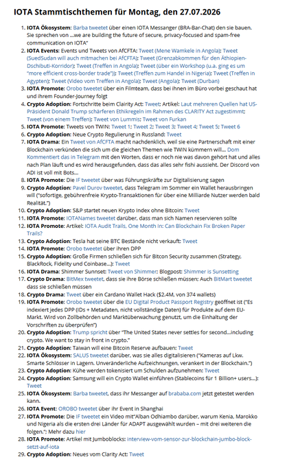 A list titled 'IOTA Stammtischthemen für Montag, den 27.07.2026' containing 30 numbered discussion topics mixing IOTA news, crypto adoption, and general commentary.