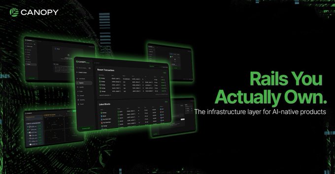 A dark promotional banner for Canopy with the tagline 'Rails You Actually Own' describing it as 'The infrastructure layer for AI-native products,' featuring glowing green dashboard mockups.