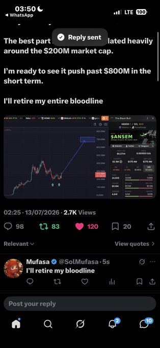 A mobile screenshot of a tweet by Mufasa (@SolMufasa) showing a trading chart for SANSEM on AMMEX/USDT, with the text reading "I'm ready to see it push past $800M in the short term. I'll retire my bloodline" and a quote tweet replying "I'll retire my bloodline."