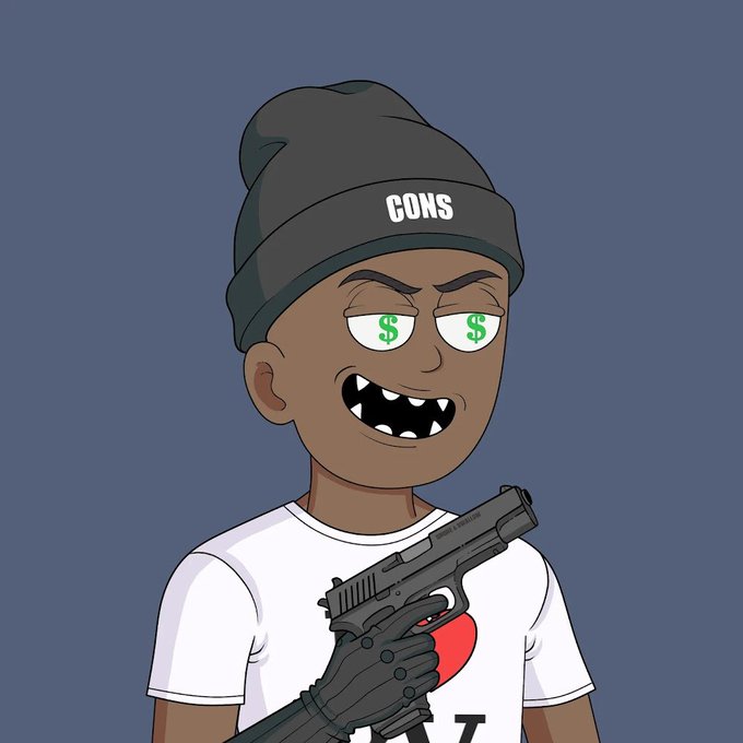 A cartoon illustration of a dark-skinned character wearing a black beanie labeled 'CONS' and a white t-shirt, holding a handgun with dollar signs ($) in their eyes.