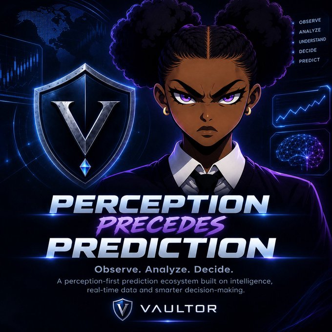 The image is a promotional graphic for "Vaultor" featuring a stern, purple-eyed illustrated character with space buns alongside a "V" shield logo, futuristic data interfaces, and the tagline "PERCEPTION PRECEDES PREDICTION" with "Observe. Analyze. Decide." visible at the bottom. The graphic visually reinforces the post's message by emphasizing the sequential process—Observe, Analyze, Understand, Decide, Predict (listed on the right)—as the foundation of Vaultor's perception-first predictive ecosystem.