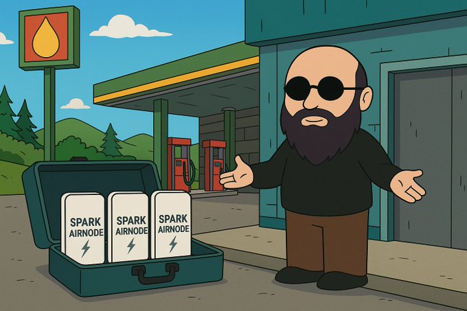 A cartoon illustration shows a bearded man in sunglasses gesturing toward a suitcase containing three boxes labeled 'SPARK AIRNODE' at a gas station.