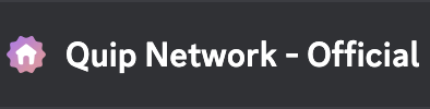 A dark banner reading 'Quip Network - Official' next to a hexagonal orange and purple logo.