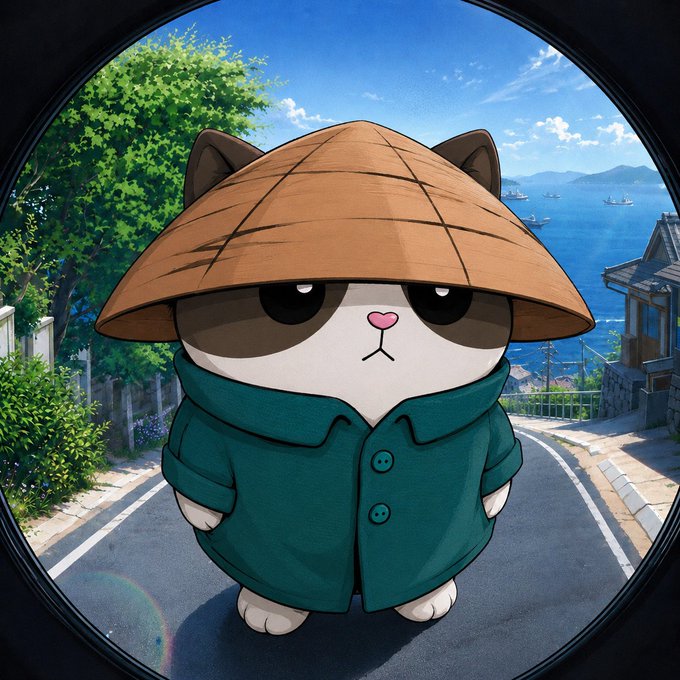 A grumpy-looking cat character wearing a traditional straw hat and teal coat stands on a winding hillside road with a scenic ocean view, presented within a circular fisheye lens frame that evokes a "Good Morning" atmosphere. The cute yet moody feline perfectly matches the post's casual Friday greeting about seeking a whitelist for @momoyumemi.