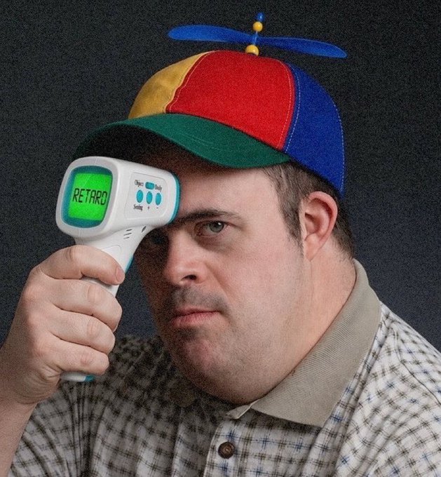 A man wearing a propeller beanie uses a digital thermometer displaying "RETARD" on his forehead, humorously illustrating the poster's self-deprecating "Morning retards, Solana to $600" greeting.