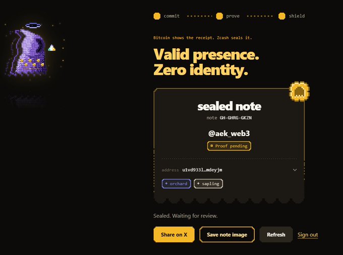 A dark interface displays 'Valid presence. Zero identity.' alongside 'commit, prove, shield' branding, featuring a 'sealed note' with the address 'u1vd9331...mdey]m' for @aek_web3 with proof pending.