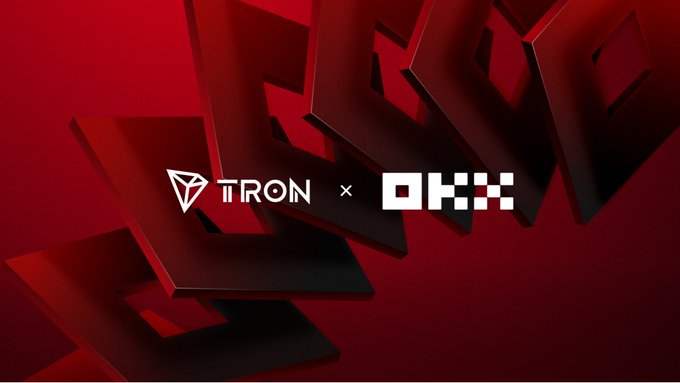 The image features a red background with white text that reads "TRON X okx". The text is arranged in a vertical line, creating an upward-pointing arrow. This design suggests movement or progress towards the product being advertised.