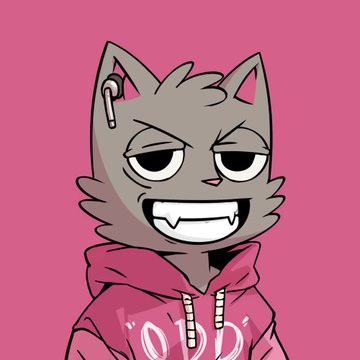 A cartoon gray cat character with a candy cane hairclip, sharp teeth, and an angry expression wearing a pink hoodie against a bright pink background.