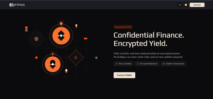 A Primus website screenshot promoting 'Confidential Finance. Encrypted Yield.' powered by FHE, featuring a 'Connect Wallet' button.