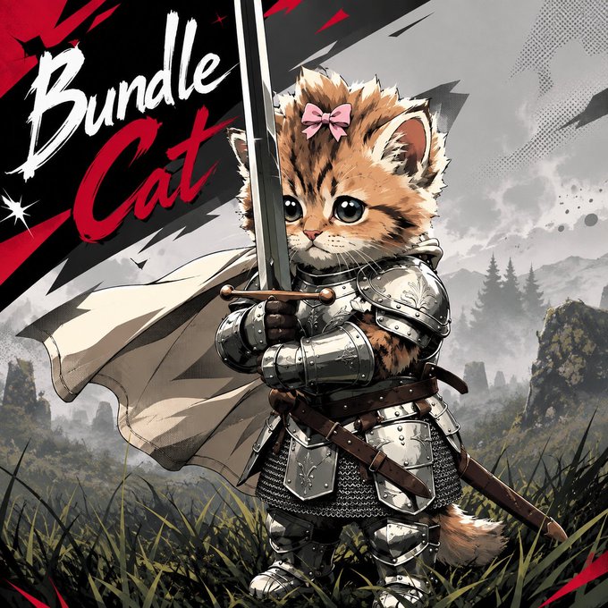 An anime-style illustration of a small tabby kitten dressed in medieval knight armor, holding a sword, wearing a pink bow on its head, with "Bundle Cat" written in stylized text in the background.