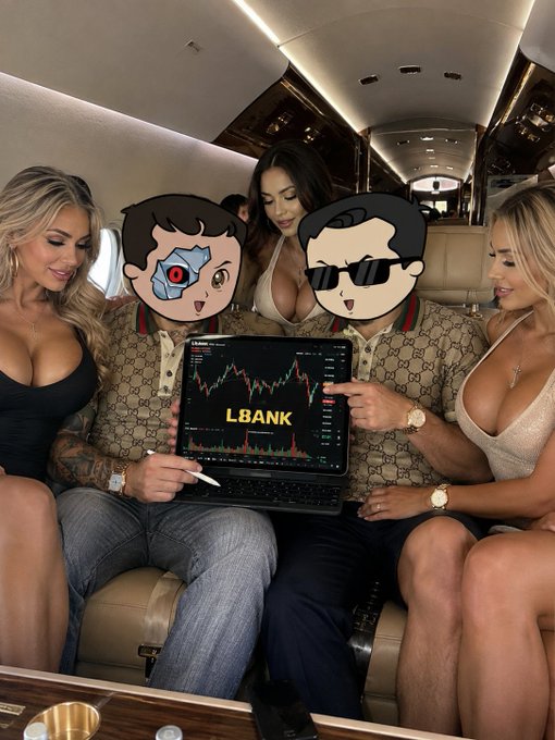 A stylized photo of a private jet interior shows two men (faces covered with cartoon stickers) in Gucci outfits holding a laptop displaying 'L.BANK' trading charts, flanked by two women.