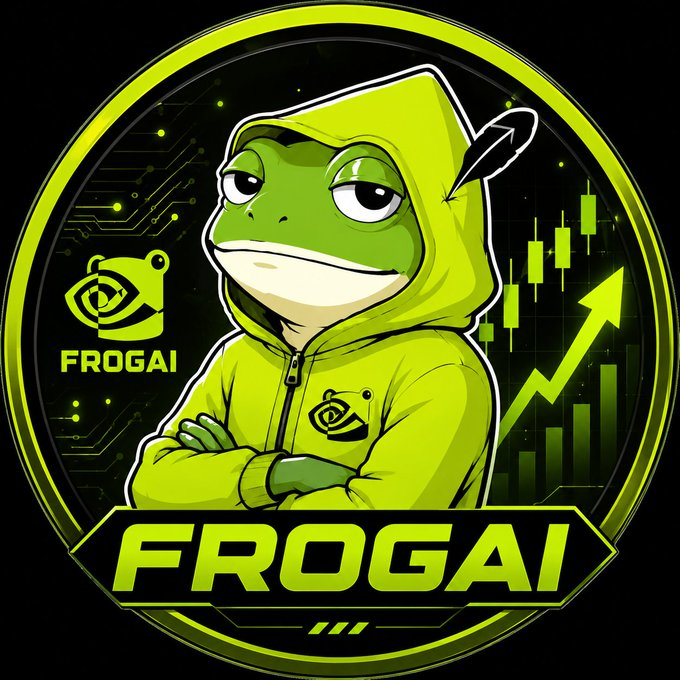 A logo featuring a green anthropomorphic frog wearing a hoodie with a feather pen tucked behind its ear, set against a circuit-board background with a rising stock chart and upward arrow, branded "FROGAI." The image ties into the post's discussion of stock-themed meme tokens on BSC by visually representing FrogAI's market growth trajectory amid criticism of launchpad models that exclude everyday participants.