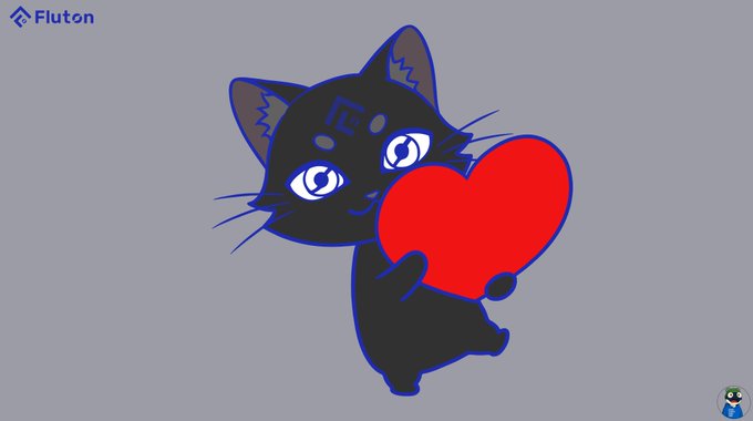 A cartoon black cat character holds a large red heart, with a 'Fluton' logo in the top left corner.